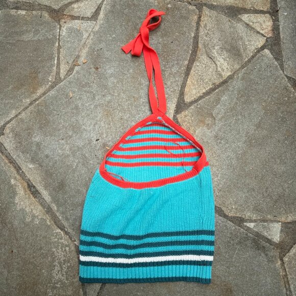 ZARA Knit Halter Top Womens Small Turquoise Cropped Festival Retro - Picture 4 of 9